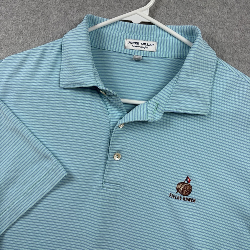 Peter Millar Polo Shirt Mens Large Teal Striped Summer Comfort Fields Ranch PGA